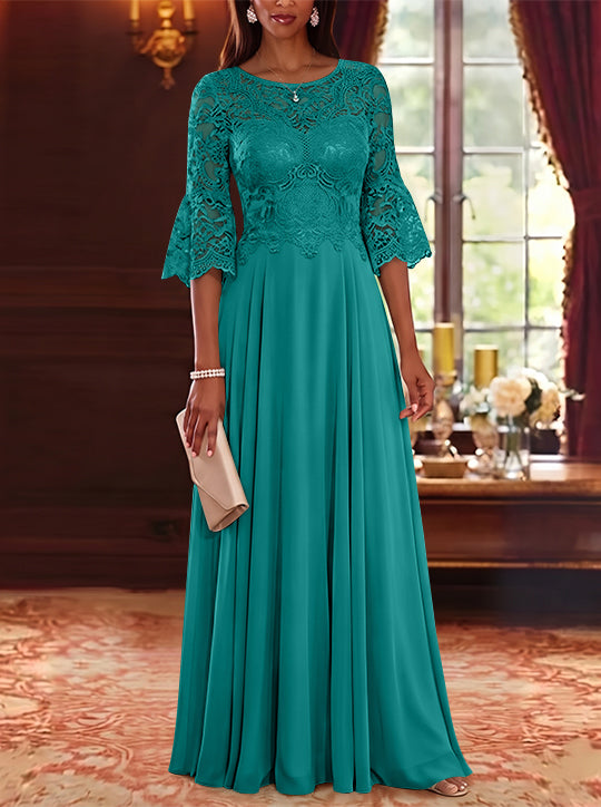 A-Line/Princess Scoop Chiffon Mother of the Bride Dresses Lace Floral Floor-Length 3/4 Sleeves
