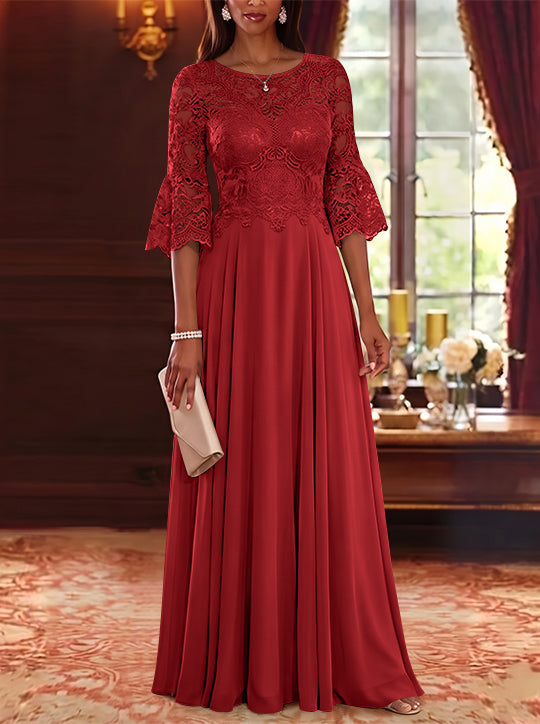 A-Line/Princess Scoop Chiffon Mother of the Bride Dresses Lace Floral Floor-Length 3/4 Sleeves