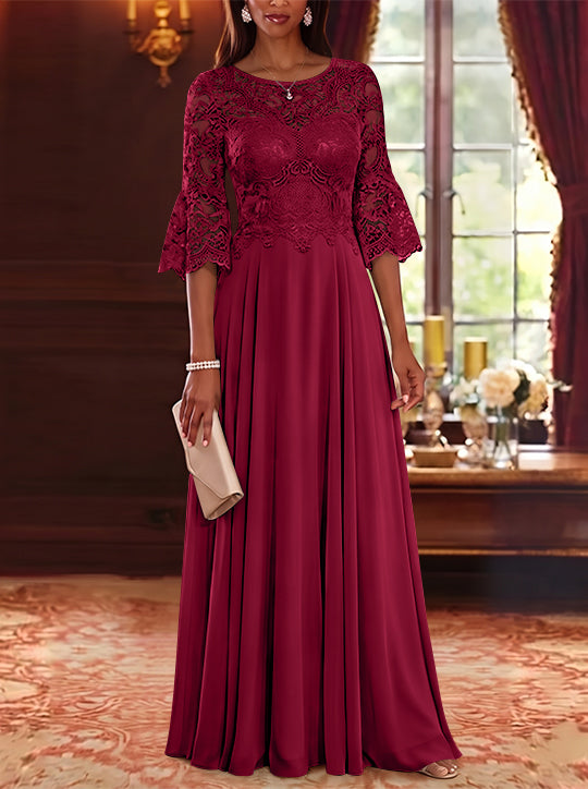 A-Line/Princess Scoop Chiffon Mother of the Bride Dresses Lace Floral Floor-Length 3/4 Sleeves