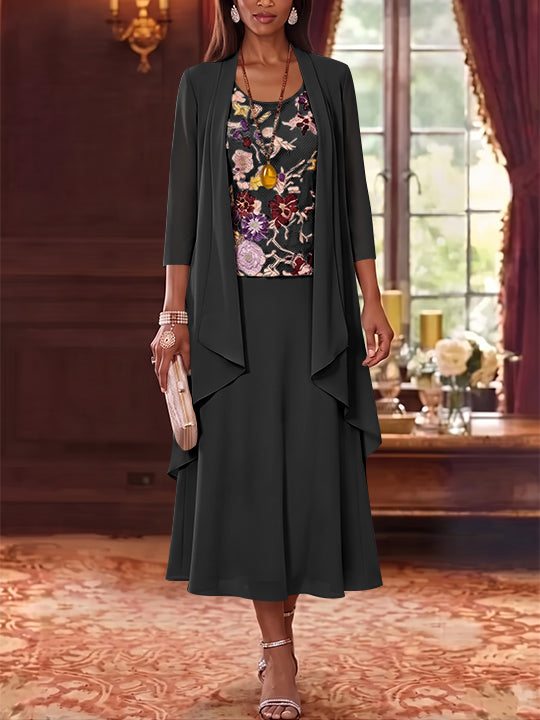 3 Pieces A-Line/Princess Scoop Chiffon Mother of the Bride Dresses Lace Embroidery 3/4 Sleeves Tea-Length