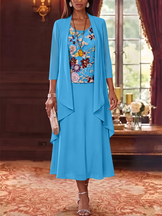 3 Pieces A-Line/Princess Scoop Chiffon Mother of the Bride Dresses Lace Embroidery 3/4 Sleeves Tea-Length