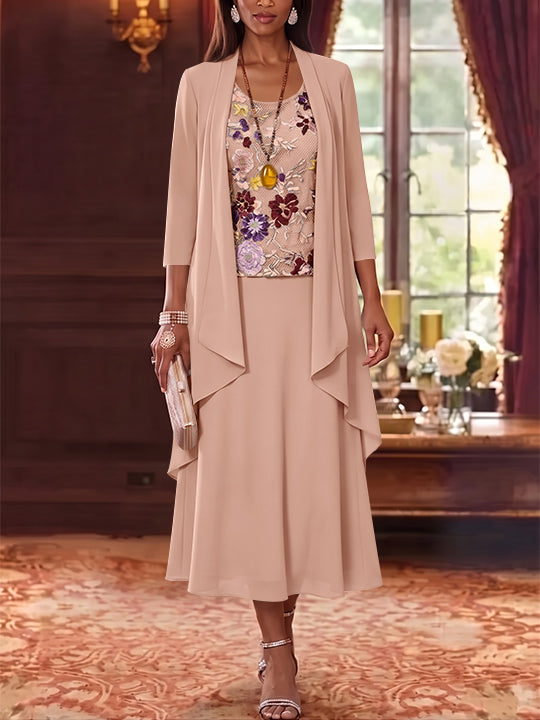 3 Pieces A-Line/Princess Scoop Chiffon Mother of the Bride Dresses Lace Embroidery 3/4 Sleeves Tea-Length