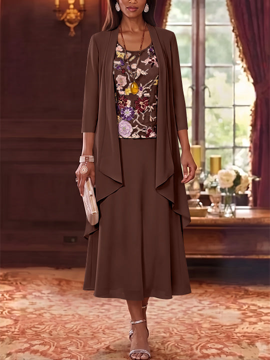 3 Pieces A-Line/Princess Scoop Chiffon Mother of the Bride Dresses Lace Embroidery 3/4 Sleeves Tea-Length