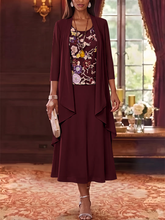 3 Pieces A-Line/Princess Scoop Chiffon Mother of the Bride Dresses Lace Embroidery 3/4 Sleeves Tea-Length