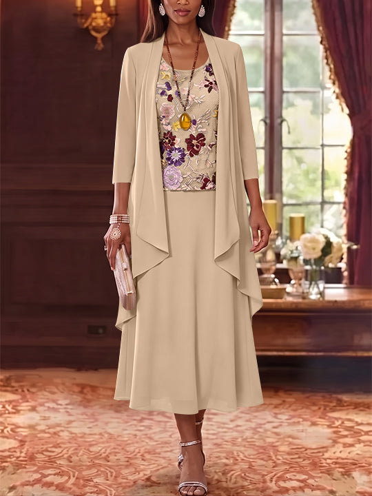 3 Pieces A-Line/Princess Scoop Chiffon Mother of the Bride Dresses Lace Embroidery 3/4 Sleeves Tea-Length