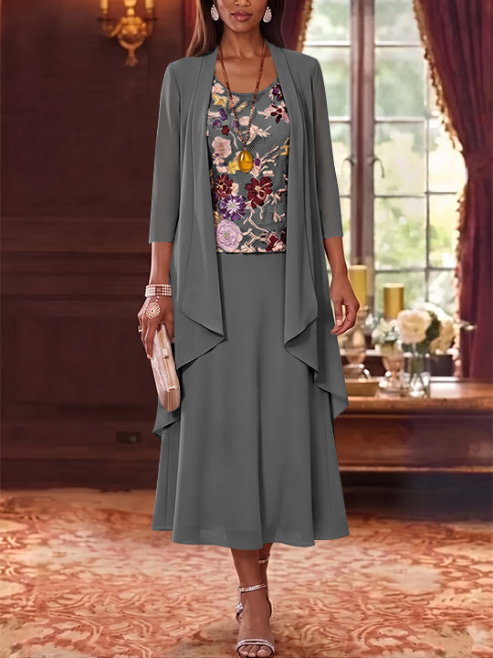 3 Pieces A-Line/Princess Scoop Chiffon Mother of the Bride Dresses Lace Embroidery 3/4 Sleeves Tea-Length