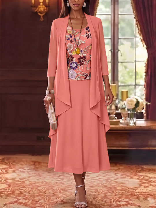 3 Pieces A-Line/Princess Scoop Chiffon Mother of the Bride Dresses Lace Embroidery 3/4 Sleeves Tea-Length