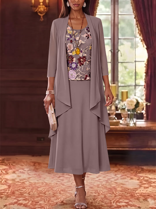 3 Pieces A-Line/Princess Scoop Chiffon Mother of the Bride Dresses Lace Embroidery 3/4 Sleeves Tea-Length