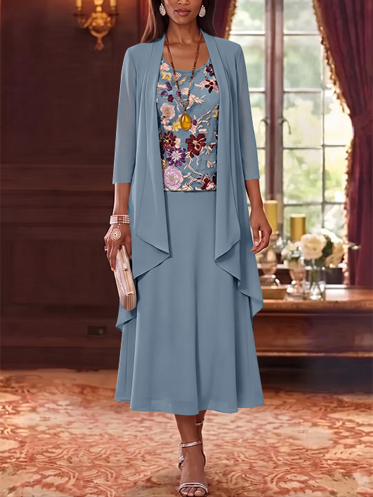 3 Pieces A-Line/Princess Scoop Chiffon Mother of the Bride Dresses Lace Embroidery 3/4 Sleeves Tea-Length