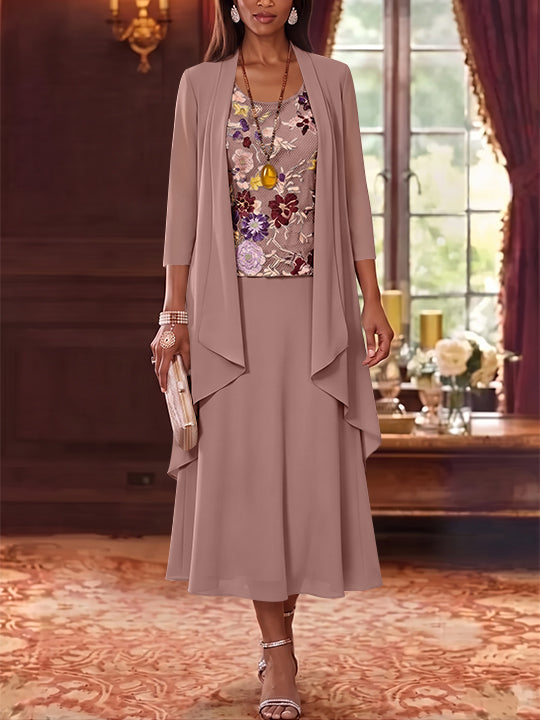 3 Pieces A-Line/Princess Scoop Chiffon Mother of the Bride Dresses Lace Embroidery 3/4 Sleeves Tea-Length