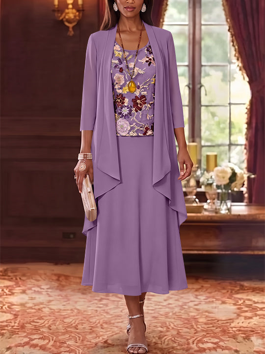 3 Pieces A-Line/Princess Scoop Chiffon Mother of the Bride Dresses Lace Embroidery 3/4 Sleeves Tea-Length