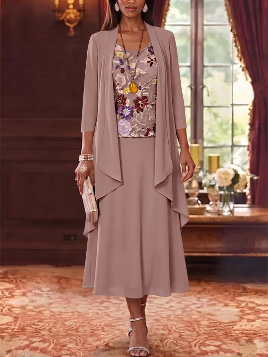 3 Pieces A-Line/Princess Scoop Chiffon Mother of the Bride Dresses Lace Embroidery 3/4 Sleeves Tea-Length