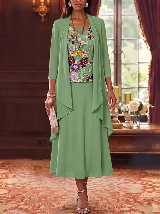 3 Pieces A-Line/Princess Scoop Chiffon Mother of the Bride Dresses Lace Embroidery 3/4 Sleeves Tea-Length