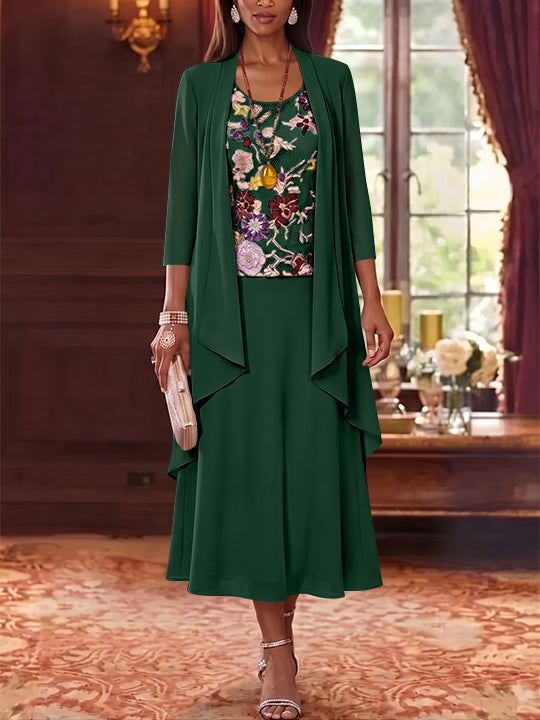 3 Pieces A-Line/Princess Scoop Chiffon Mother of the Bride Dresses Lace Embroidery 3/4 Sleeves Tea-Length
