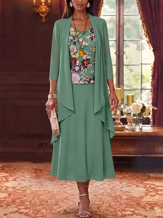3 Pieces A-Line/Princess Scoop Chiffon Mother of the Bride Dresses Lace Embroidery 3/4 Sleeves Tea-Length