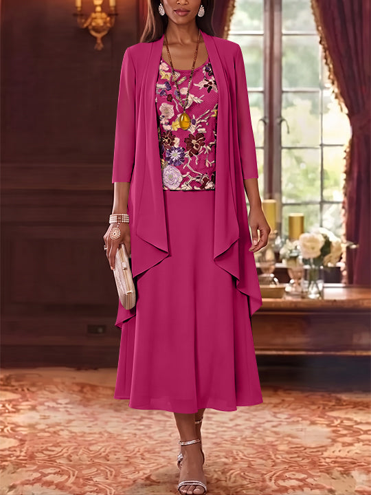 3 Pieces A-Line/Princess Scoop Chiffon Mother of the Bride Dresses Lace Embroidery 3/4 Sleeves Tea-Length