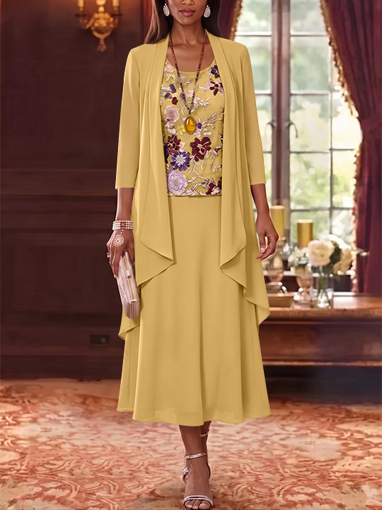 3 Pieces A-Line/Princess Scoop Chiffon Mother of the Bride Dresses Lace Embroidery 3/4 Sleeves Tea-Length