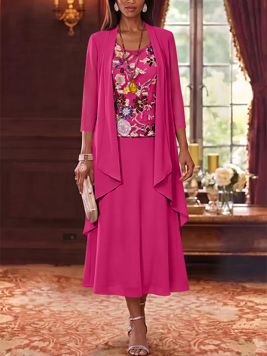 3 Pieces A-Line/Princess Scoop Chiffon Mother of the Bride Dresses Lace Embroidery 3/4 Sleeves Tea-Length