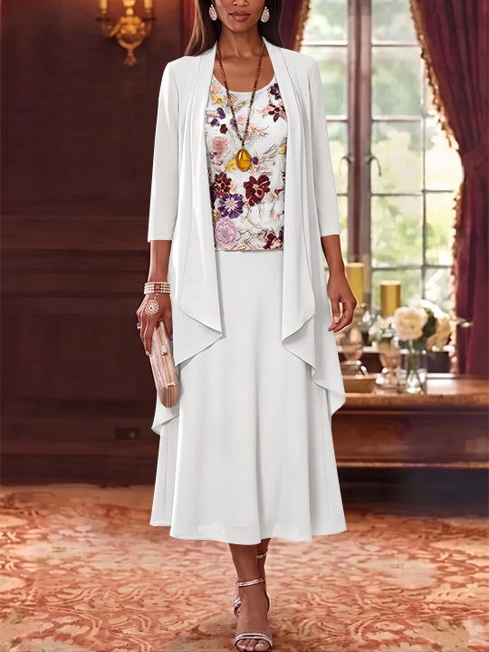 3 Pieces A-Line/Princess Scoop Chiffon Mother of the Bride Dresses Lace Embroidery 3/4 Sleeves Tea-Length