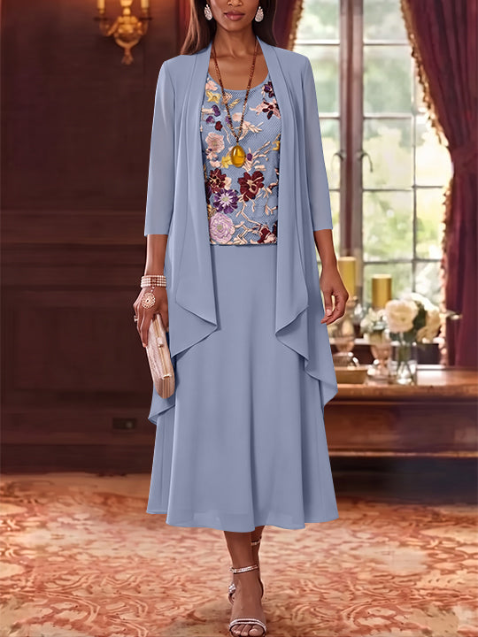 3 Pieces A-Line/Princess Scoop Chiffon Mother of the Bride Dresses Lace Embroidery 3/4 Sleeves Tea-Length