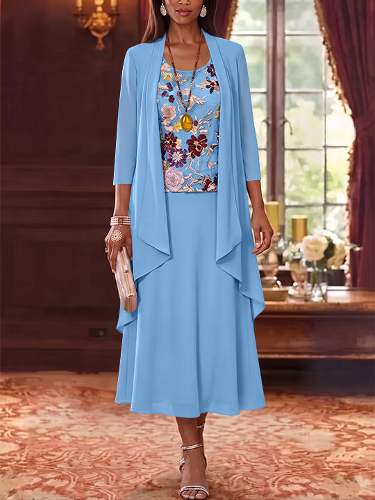 3 Pieces A-Line/Princess Scoop Chiffon Mother of the Bride Dresses Lace Embroidery 3/4 Sleeves Tea-Length