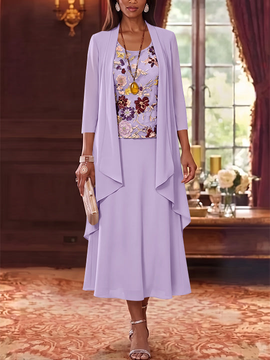 3 Pieces A-Line/Princess Scoop Chiffon Mother of the Bride Dresses Lace Embroidery 3/4 Sleeves Tea-Length