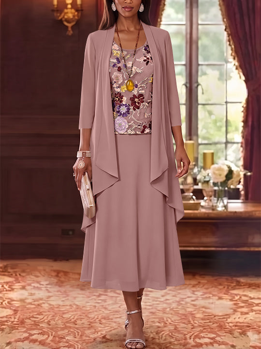 3 Pieces A-Line/Princess Scoop Chiffon Mother of the Bride Dresses Lace Embroidery 3/4 Sleeves Tea-Length