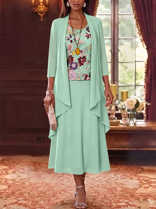 3 Pieces A-Line/Princess Scoop Chiffon Mother of the Bride Dresses Lace Embroidery 3/4 Sleeves Tea-Length