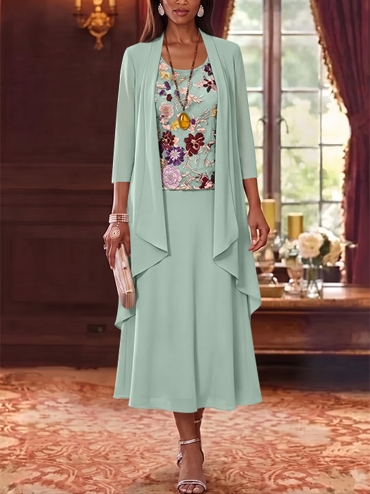 3 Pieces A-Line/Princess Scoop Chiffon Mother of the Bride Dresses Lace Embroidery 3/4 Sleeves Tea-Length