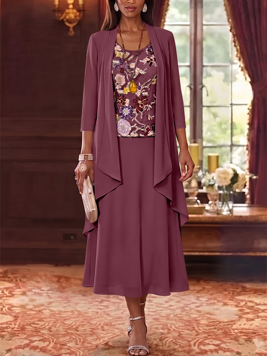 3 Pieces A-Line/Princess Scoop Chiffon Mother of the Bride Dresses Lace Embroidery 3/4 Sleeves Tea-Length