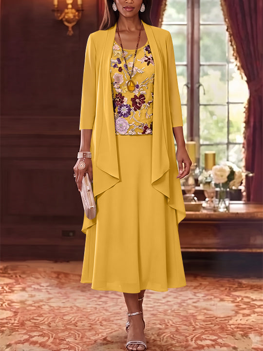 3 Pieces A-Line/Princess Scoop Chiffon Mother of the Bride Dresses Lace Embroidery 3/4 Sleeves Tea-Length