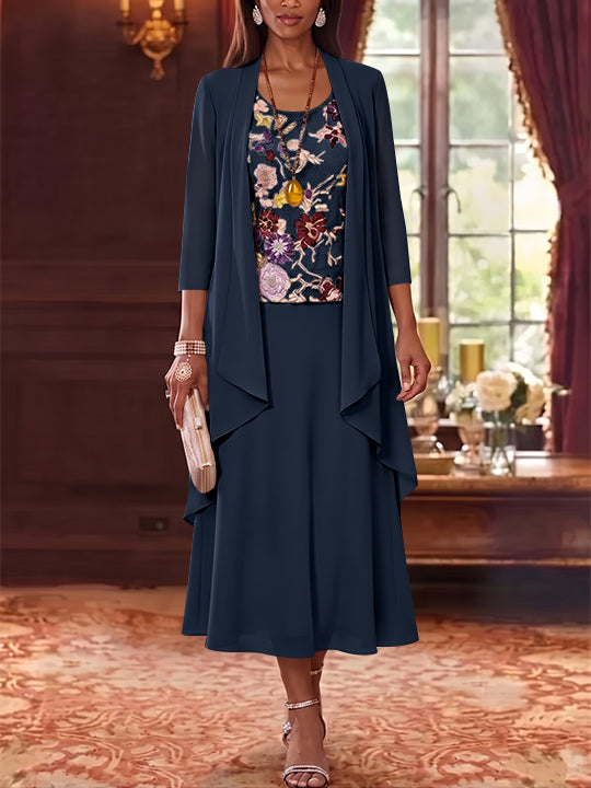 3 Pieces A-Line/Princess Scoop Chiffon Mother of the Bride Dresses Lace Embroidery 3/4 Sleeves Tea-Length