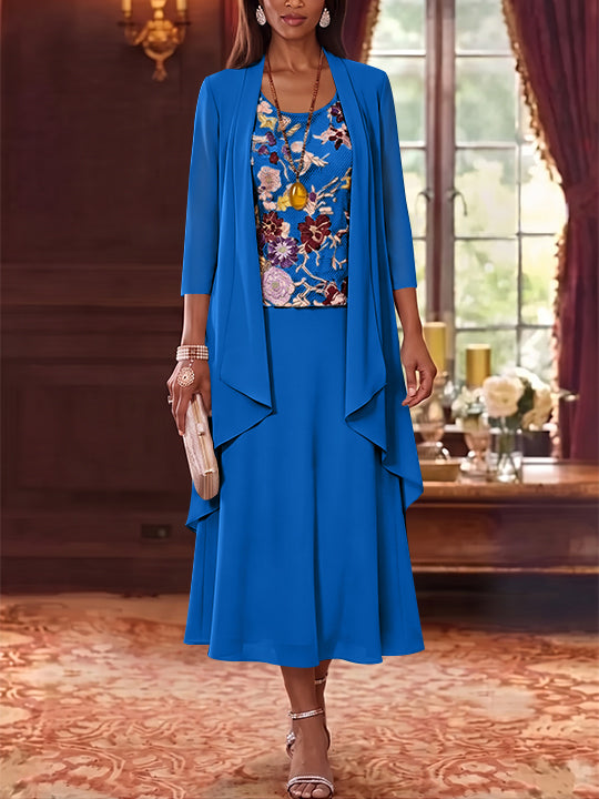 3 Pieces A-Line/Princess Scoop Chiffon Mother of the Bride Dresses Lace Embroidery 3/4 Sleeves Tea-Length