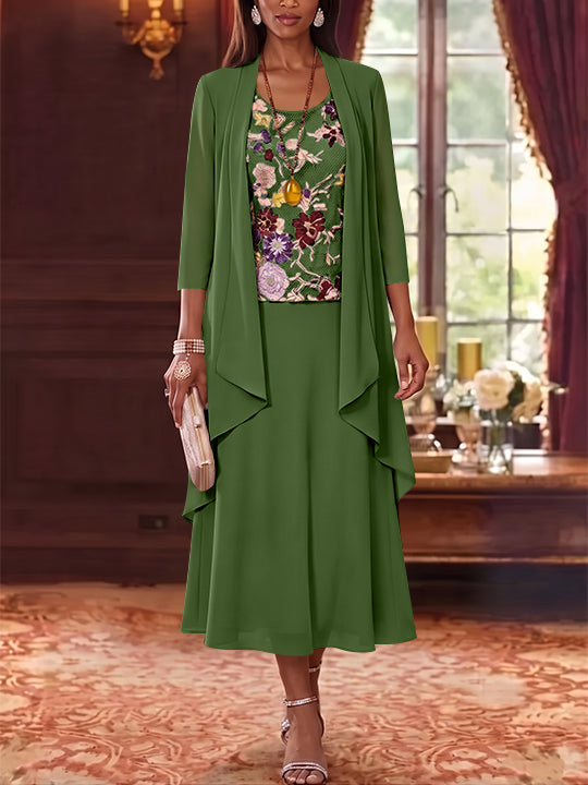 3 Pieces A-Line/Princess Scoop Chiffon Mother of the Bride Dresses Lace Embroidery 3/4 Sleeves Tea-Length