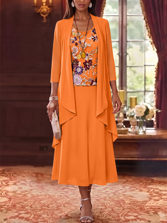 3 Pieces A-Line/Princess Scoop Chiffon Mother of the Bride Dresses Lace Embroidery 3/4 Sleeves Tea-Length