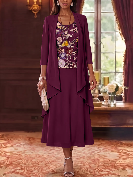 3 Pieces A-Line/Princess Scoop Chiffon Mother of the Bride Dresses Lace Embroidery 3/4 Sleeves Tea-Length
