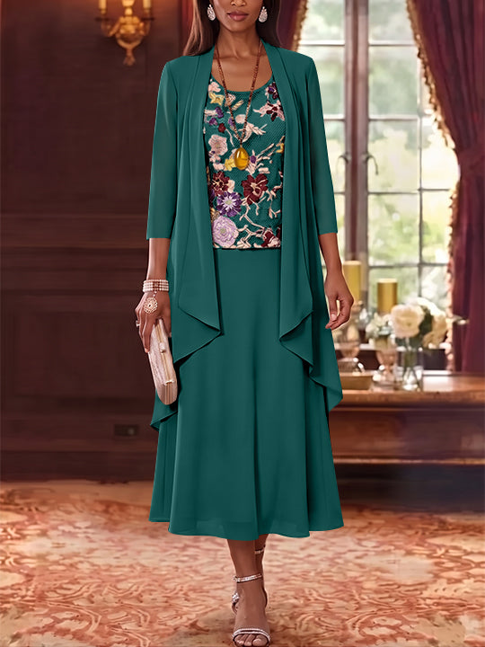 3 Pieces A-Line/Princess Scoop Chiffon Mother of the Bride Dresses Lace Embroidery 3/4 Sleeves Tea-Length