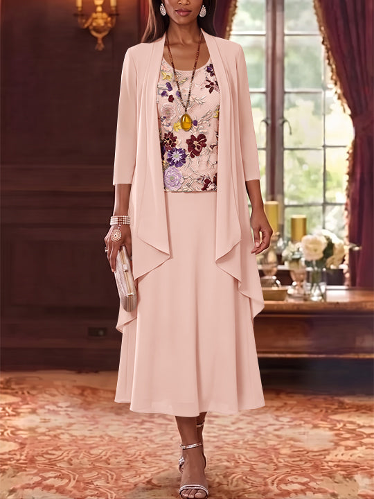 3 Pieces A-Line/Princess Scoop Chiffon Mother of the Bride Dresses Lace Embroidery 3/4 Sleeves Tea-Length