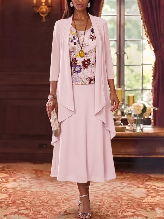 3 Pieces A-Line/Princess Scoop Chiffon Mother of the Bride Dresses Lace Embroidery 3/4 Sleeves Tea-Length
