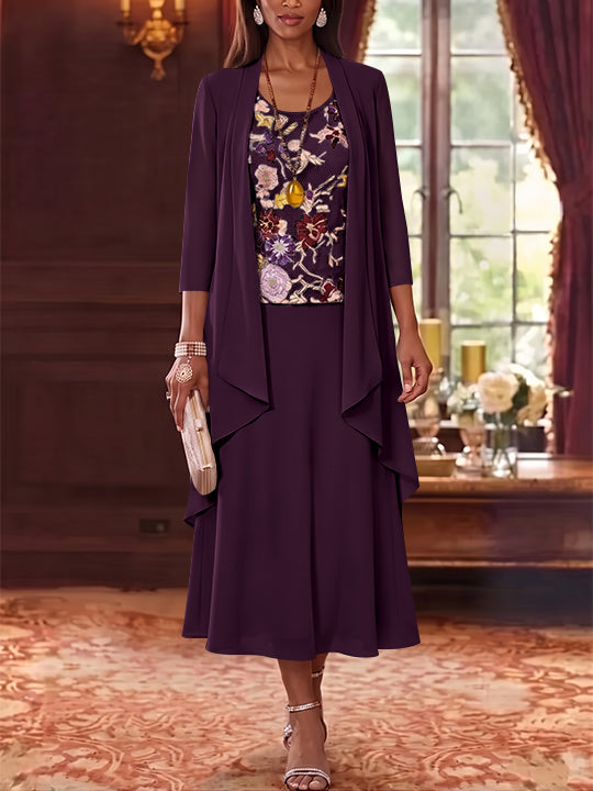 3 Pieces A-Line/Princess Scoop Chiffon Mother of the Bride Dresses Lace Embroidery 3/4 Sleeves Tea-Length
