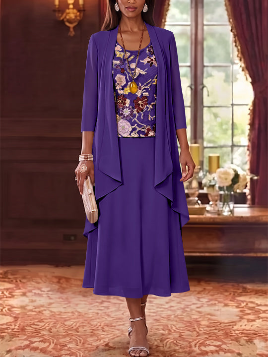 3 Pieces A-Line/Princess Scoop Chiffon Mother of the Bride Dresses Lace Embroidery 3/4 Sleeves Tea-Length