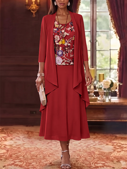 3 Pieces A-Line/Princess Scoop Chiffon Mother of the Bride Dresses Lace Embroidery 3/4 Sleeves Tea-Length