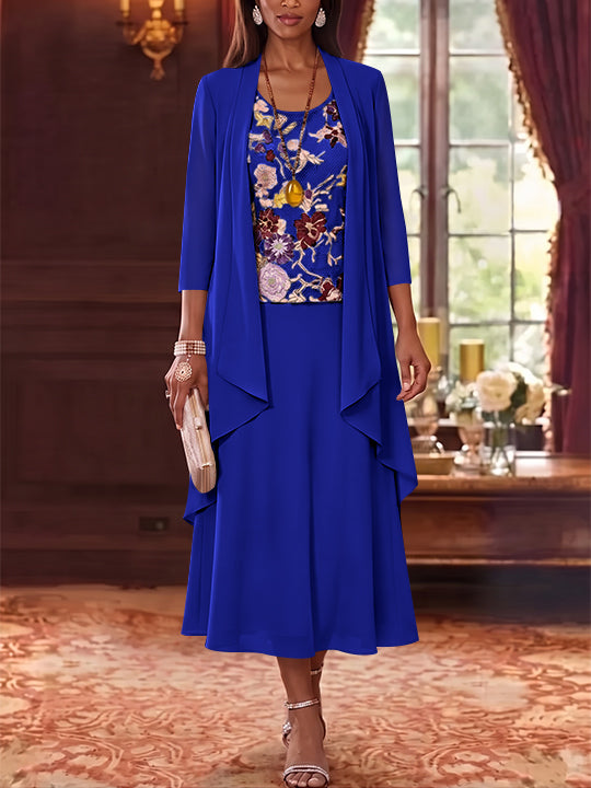 3 Pieces A-Line/Princess Scoop Chiffon Mother of the Bride Dresses Lace Embroidery 3/4 Sleeves Tea-Length
