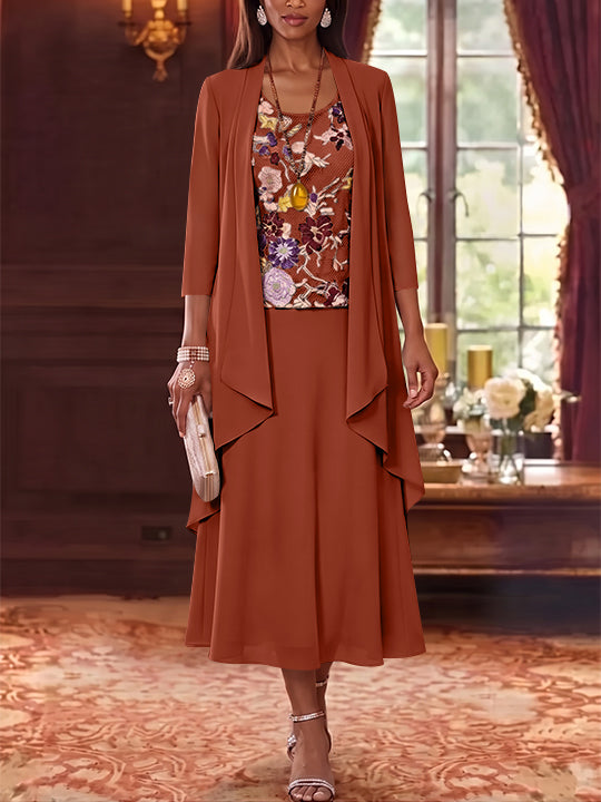 3 Pieces A-Line/Princess Scoop Chiffon Mother of the Bride Dresses Lace Embroidery 3/4 Sleeves Tea-Length