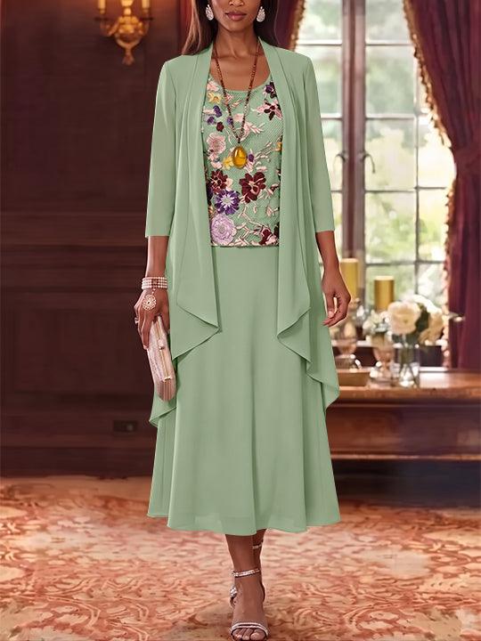 3 Pieces A-Line/Princess Scoop Chiffon Mother of the Bride Dresses Lace Embroidery 3/4 Sleeves Tea-Length