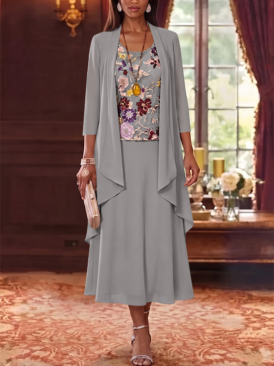 3 Pieces A-Line/Princess Scoop Chiffon Mother of the Bride Dresses Lace Embroidery 3/4 Sleeves Tea-Length