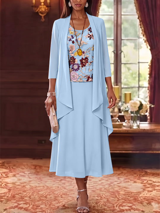 3 Pieces A-Line/Princess Scoop Chiffon Mother of the Bride Dresses Lace Embroidery 3/4 Sleeves Tea-Length