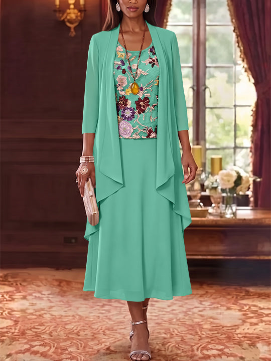 3 Pieces A-Line/Princess Scoop Chiffon Mother of the Bride Dresses Lace Embroidery 3/4 Sleeves Tea-Length