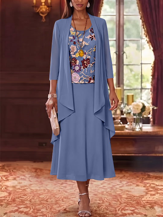3 Pieces A-Line/Princess Scoop Chiffon Mother of the Bride Dresses Lace Embroidery 3/4 Sleeves Tea-Length