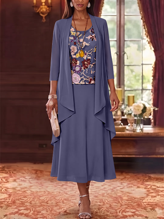 3 Pieces A-Line/Princess Scoop Chiffon Mother of the Bride Dresses Lace Embroidery 3/4 Sleeves Tea-Length